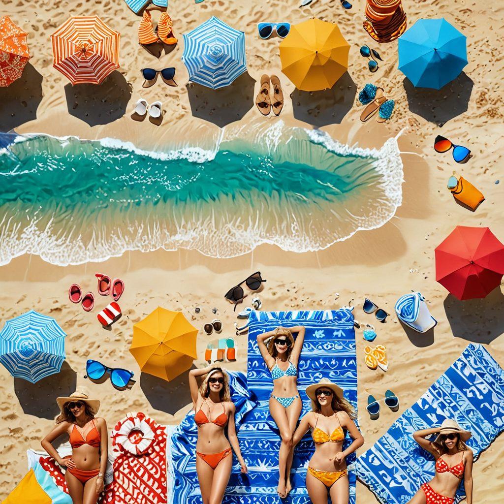 An inviting beach scene featuring a diverse group of stylish individuals showcasing the latest swimwear trends. Include vibrant patterns, bold colors, and unique cuts in their outfits, creating a dynamic visual representation. Capture the sun-soaked atmosphere with blue skies, golden sand, and sparkling waves, highlighting accessories like sunglasses and beach hats. Enhance the scene with beach umbrellas and colorful towels scattered around. painting. vibrant colors. summer vibes.