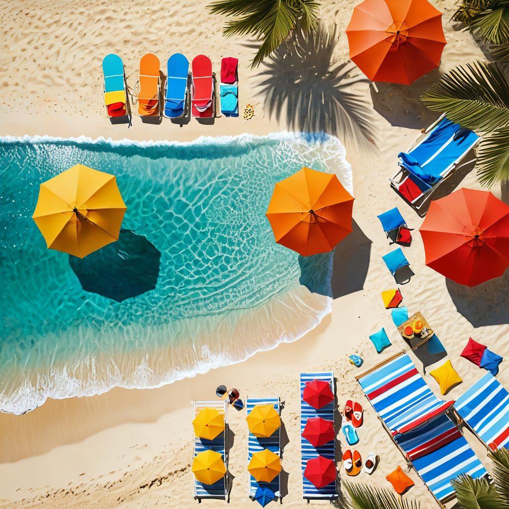 A scenic beach setting with a stylish poolside transition to an oceanfront view. Include vibrant beach umbrellas, sun loungers, and colorful beachwear scattered around. Capture the essence of summer with crystal-clear waves gently lapping at the shore and a bright sun shining overhead. Add stylish accessories like sunglasses and beach hats for an inviting feel. super-realistic. vibrant colors.